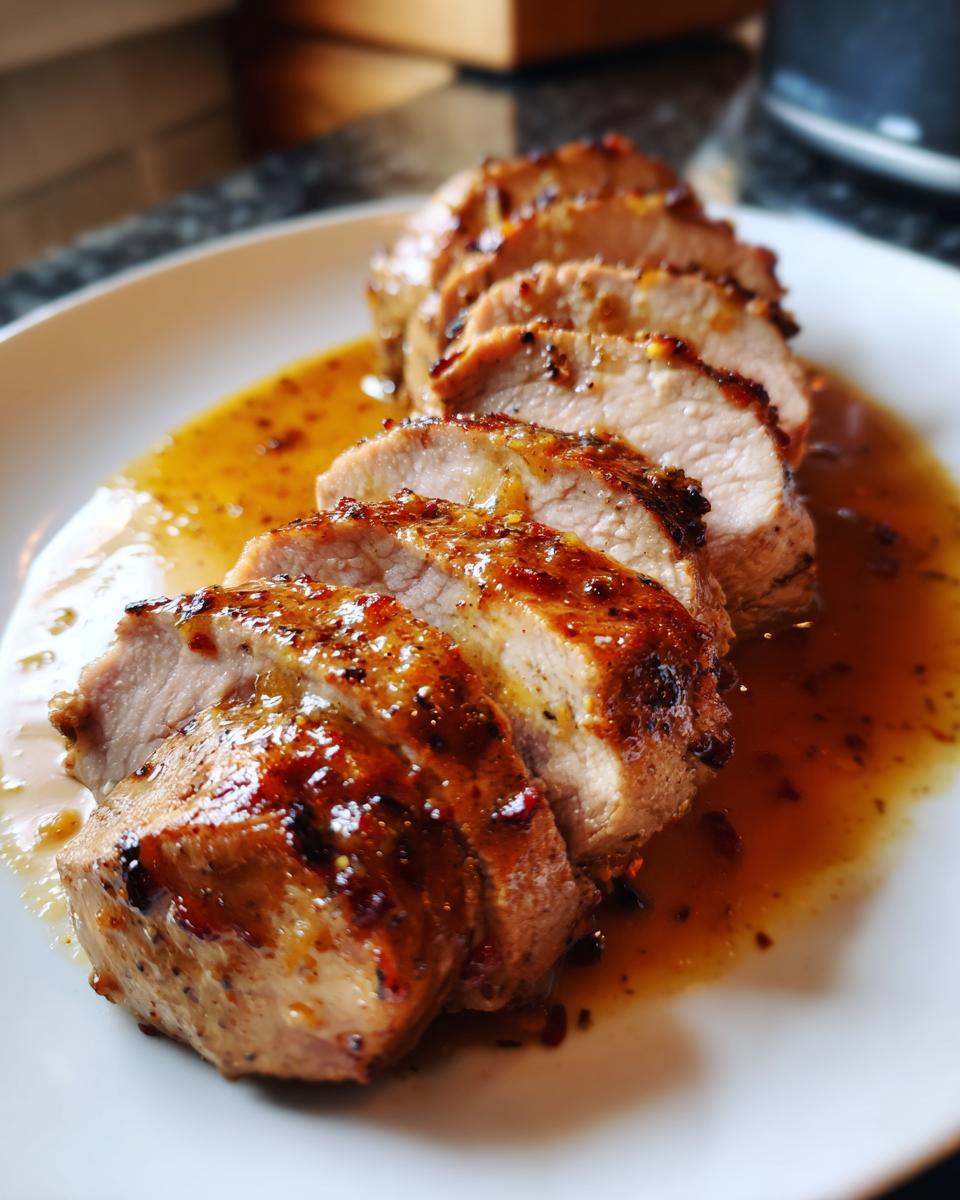 Close-up of sliced Instant Pot Garlic Pork Tenderloin served with a glossy sauce on a white plate.