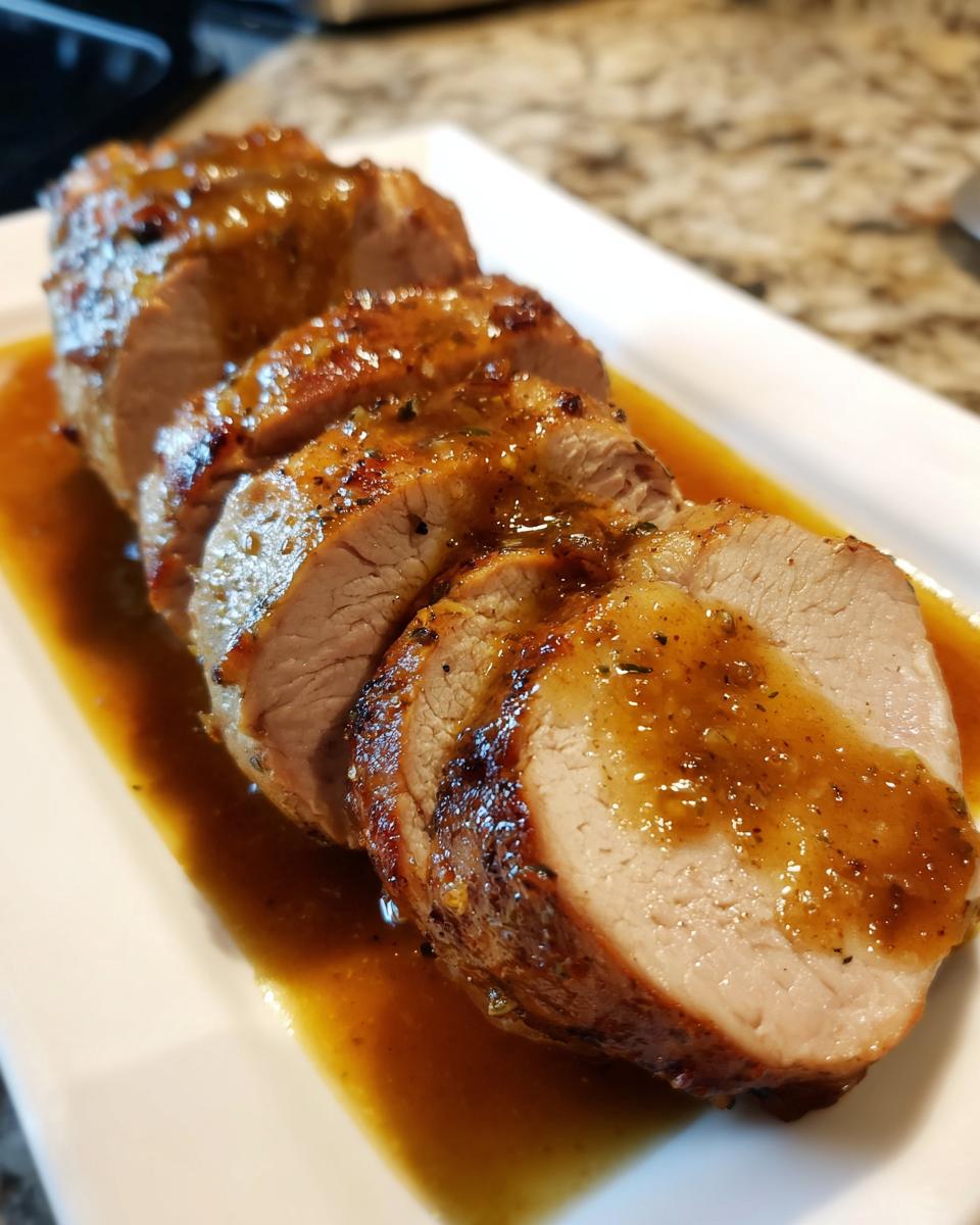 Close-up of sliced Instant Pot Garlic Pork Tenderloin drizzled with a rich, savory sauce.