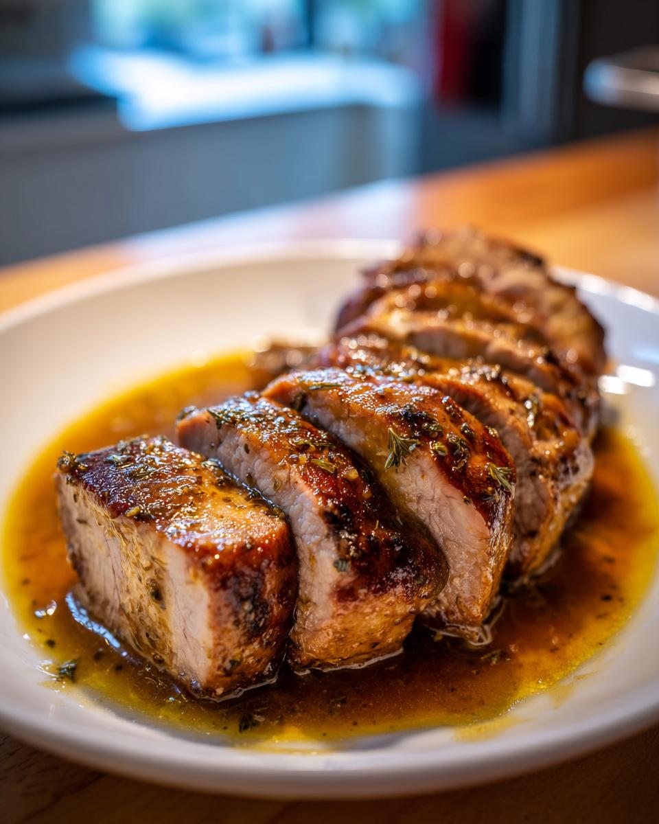 Close-up of sliced Instant Pot Garlic Pork Tenderloin, glistening in a savory sauce with herbs.