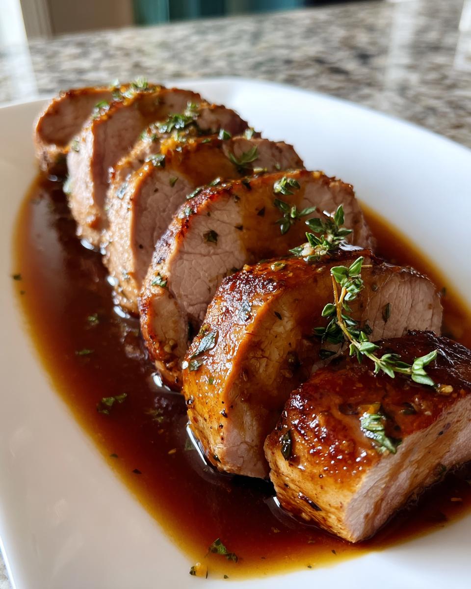 Juicy sliced Instant Pot Garlic Pork Tenderloin served in a rich sauce and garnished with fresh herbs.