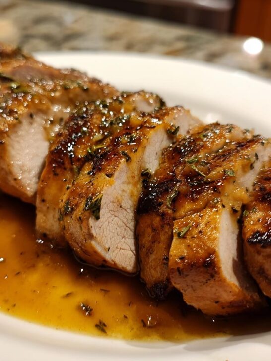 Close-up of sliced Instant Pot Garlic Pork Tenderloin served with a savory sauce and herbs.