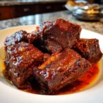 Close-up of tender Instant Pot Short Ribs coated in a rich, glossy sauce.