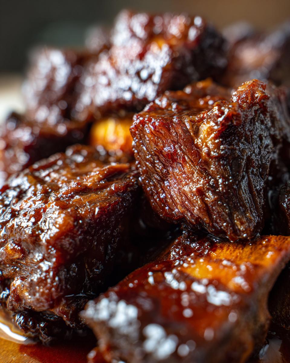 Close-up of incredibly tender and glossy Instant Pot Short Ribs, glistening in their rich sauce.