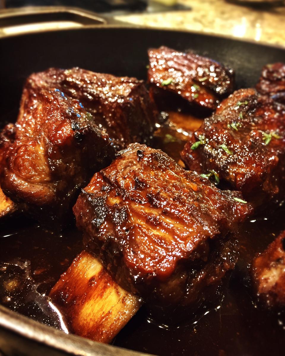 Close-up of tender, glazed Instant Pot Short Ribs in a dark sauce, garnished with herbs.