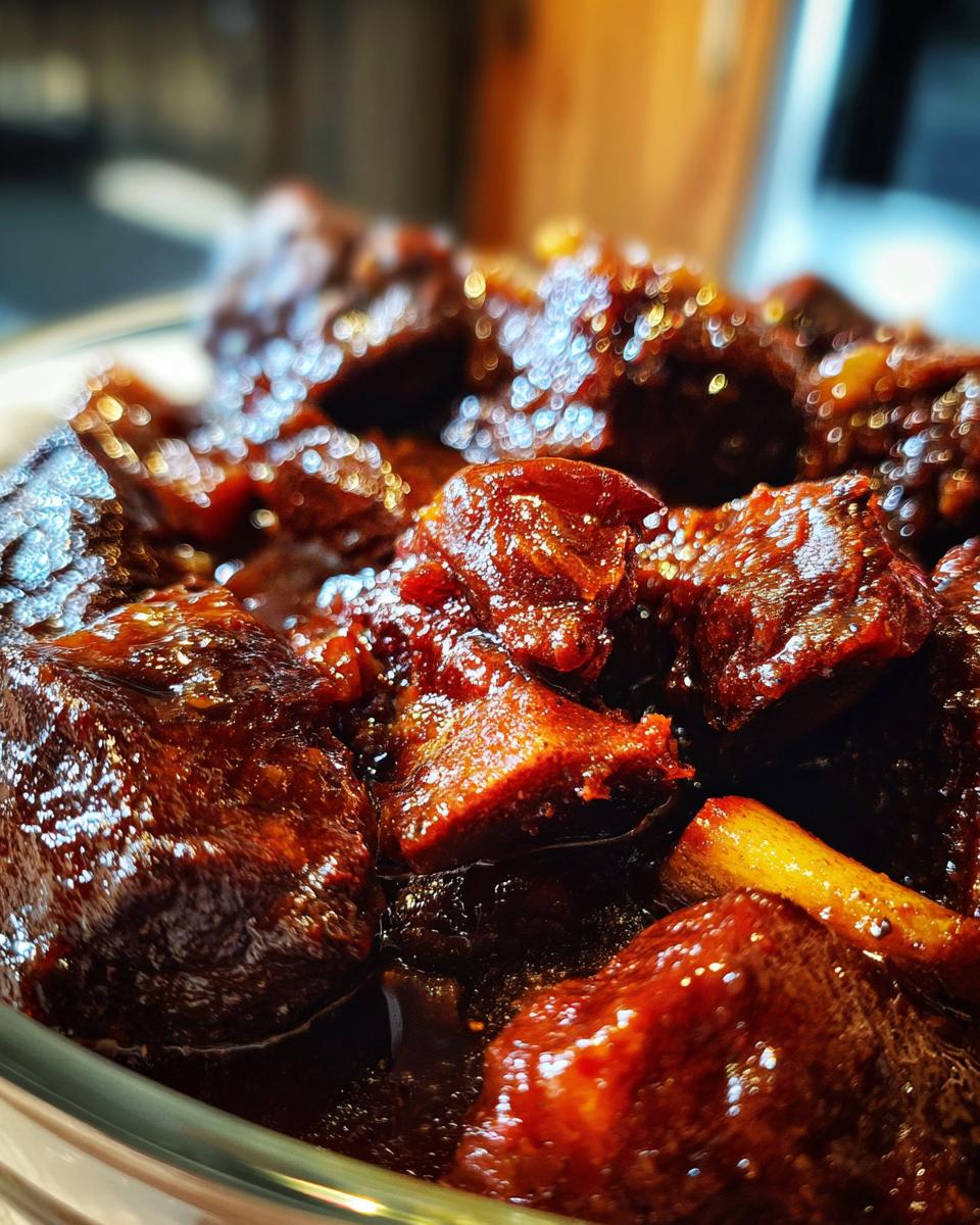 Close-up of tender, glossy Instant Pot Short Ribs coated in a rich, dark sauce.