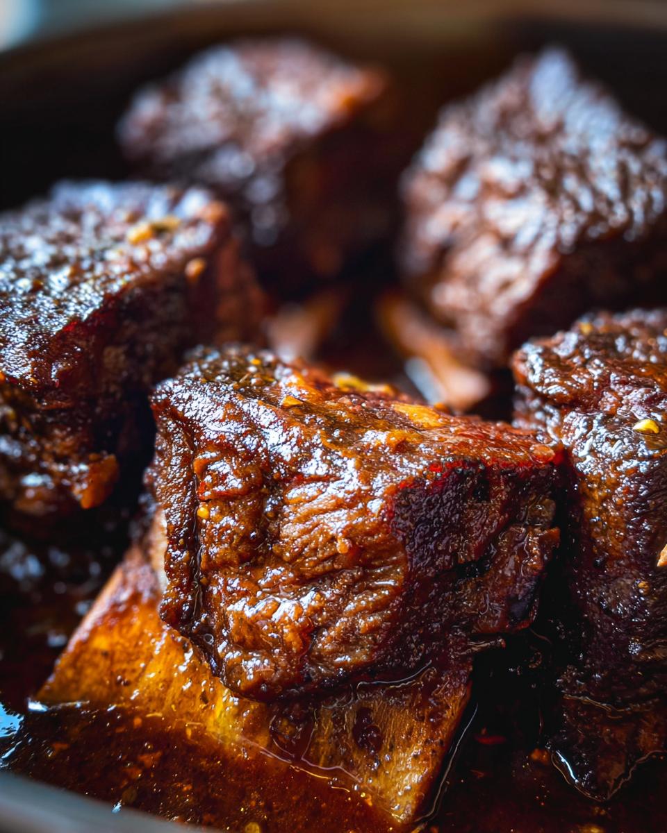 Close-up of succulent, braised Instant Pot Short Ribs in a rich, glossy sauce.