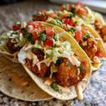Close-up of three Irresistible Bang Bang Shrimp Tacos filled with crispy shrimp, lettuce, tomatoes, and drizzled with sauce.