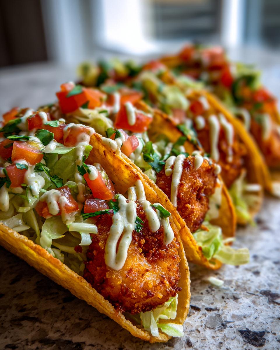 Close-up of a row of Irresistible Bang Bang Shrimp Tacos, filled with crispy shrimp, lettuce, tomatoes, and drizzled with sauce.