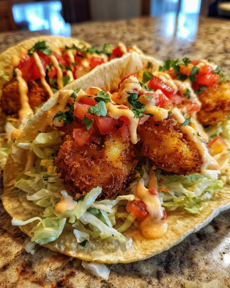 Close-up of two Irresistible Bang Bang Shrimp Tacos, filled with crispy shrimp, shredded lettuce, diced tomatoes, and drizzled with sauce.