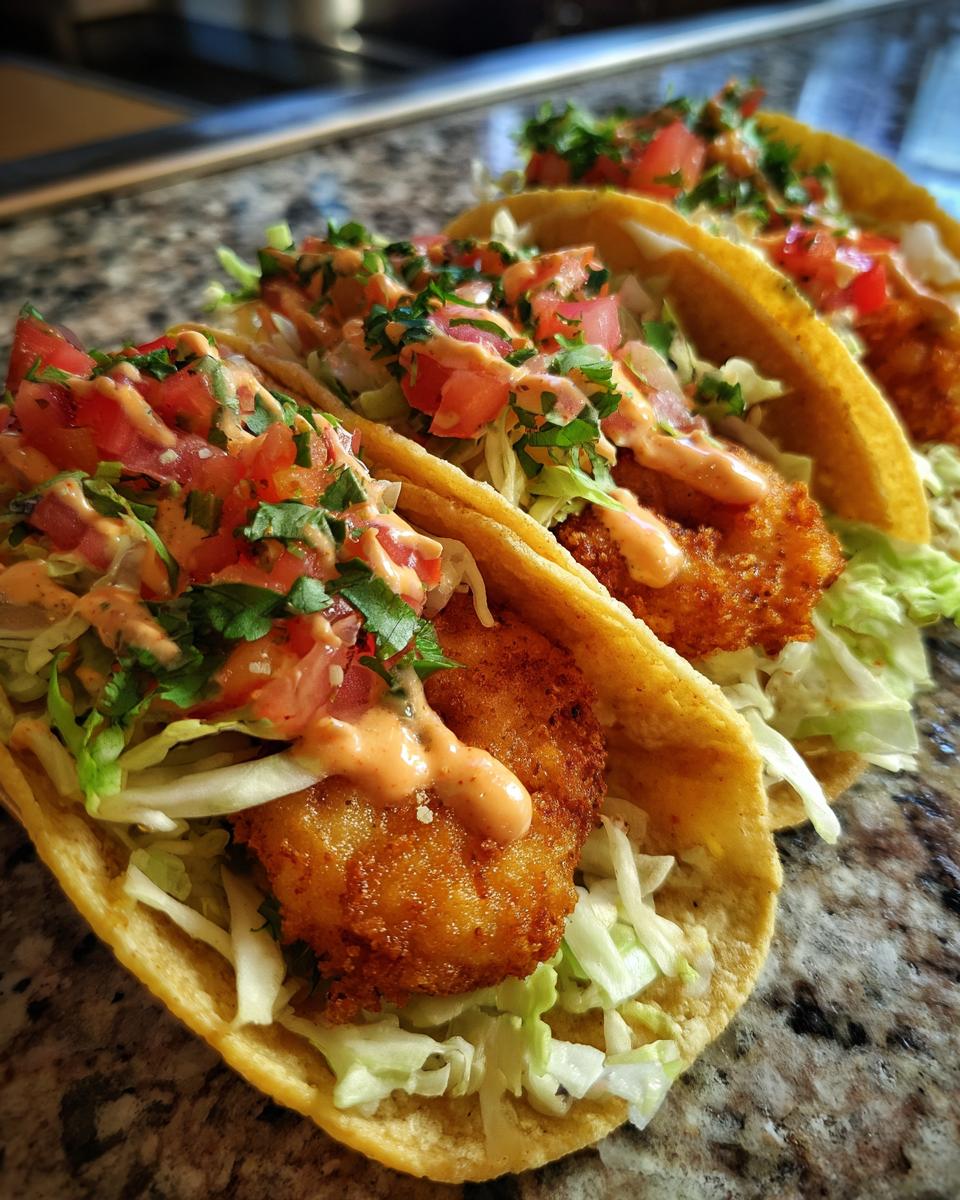 Close-up of three Irresistible Bang Bang Shrimp Tacos filled with crispy shrimp, shredded lettuce, pico de gallo, and drizzled with sauce.