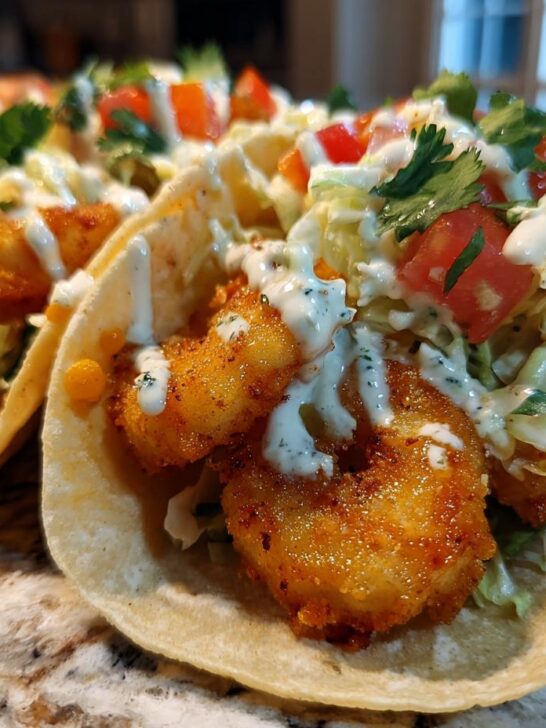 Close-up of Irresistible Bang Bang Shrimp Tacos, featuring crispy shrimp, shredded lettuce, tomatoes, and a creamy sauce.