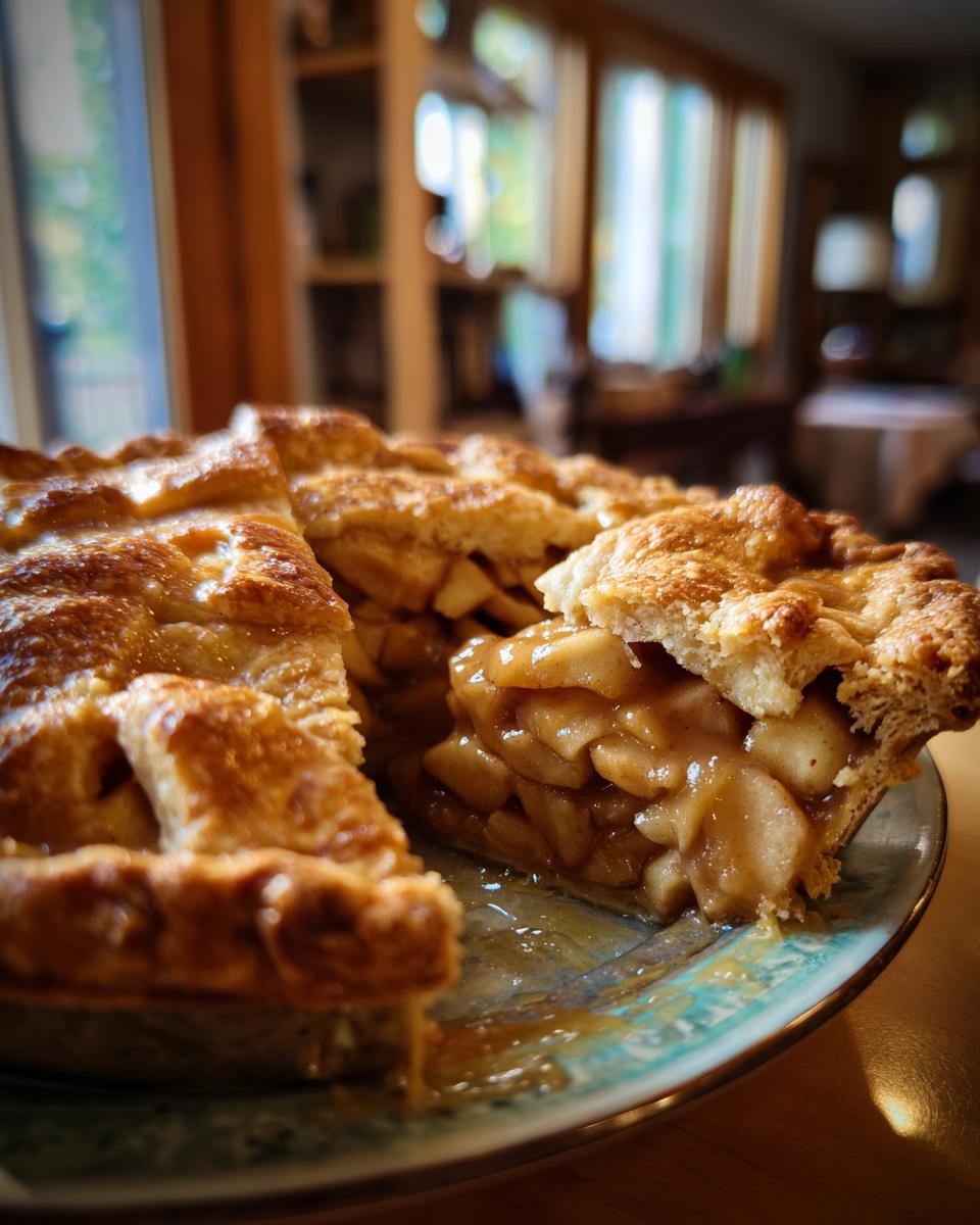 A slice of Irresistible Caramel Apple Pie with a flaky crust and gooey apple filling, ready for fall.