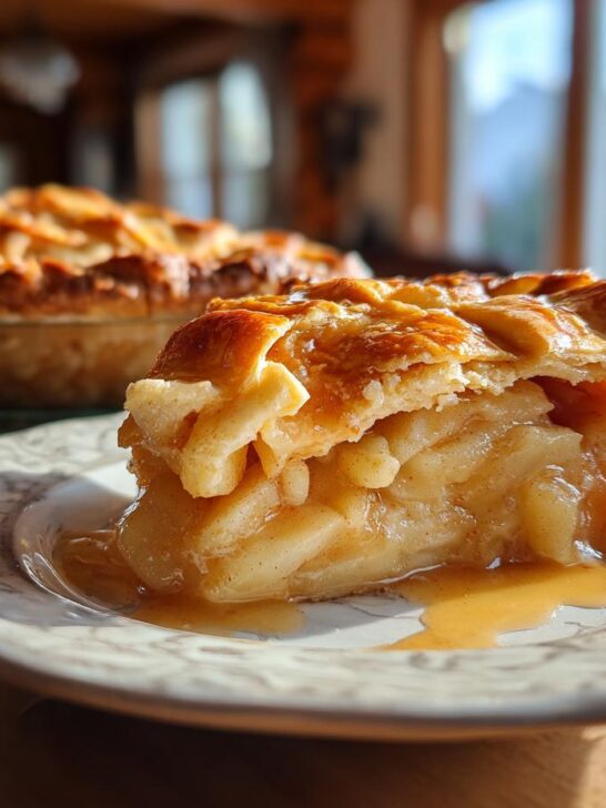 A slice of irresistible caramel apple pie with a flaky crust and gooey filling, drizzled with caramel sauce.
