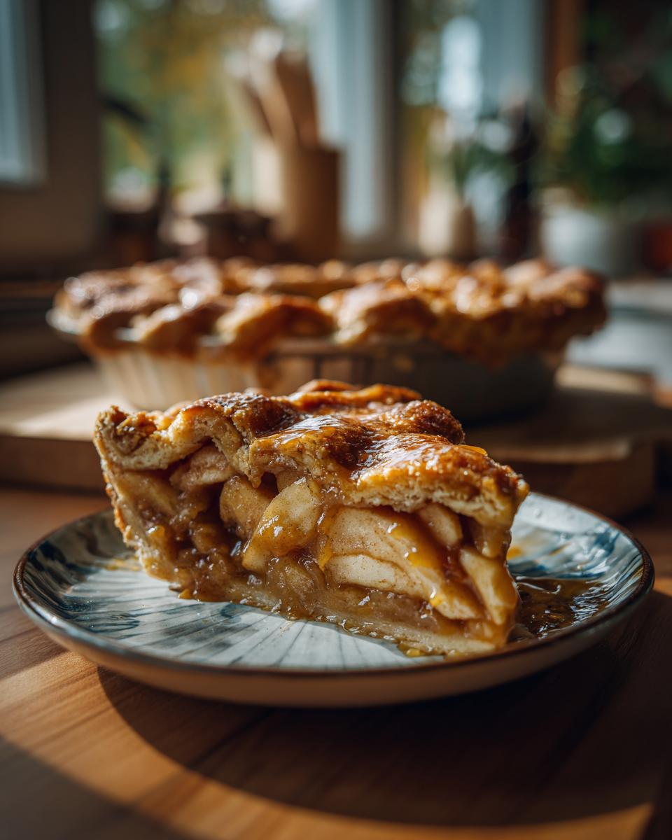 A tempting slice of Irresistible Caramel Apple Pie, showcasing flaky crust and gooey apple filling.