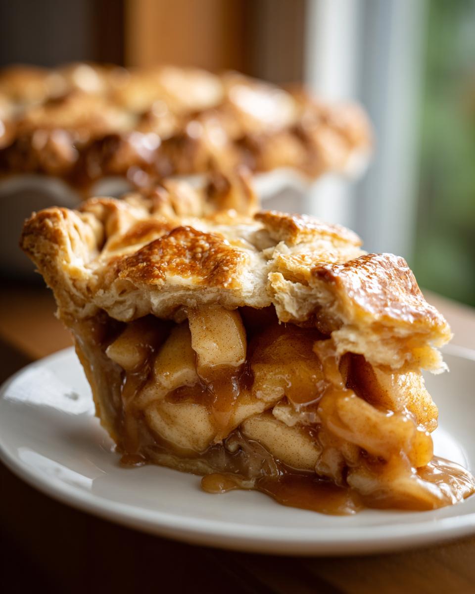A generous slice of Irresistible Caramel Apple Pie, showcasing flaky crust and gooey caramel-coated apples.