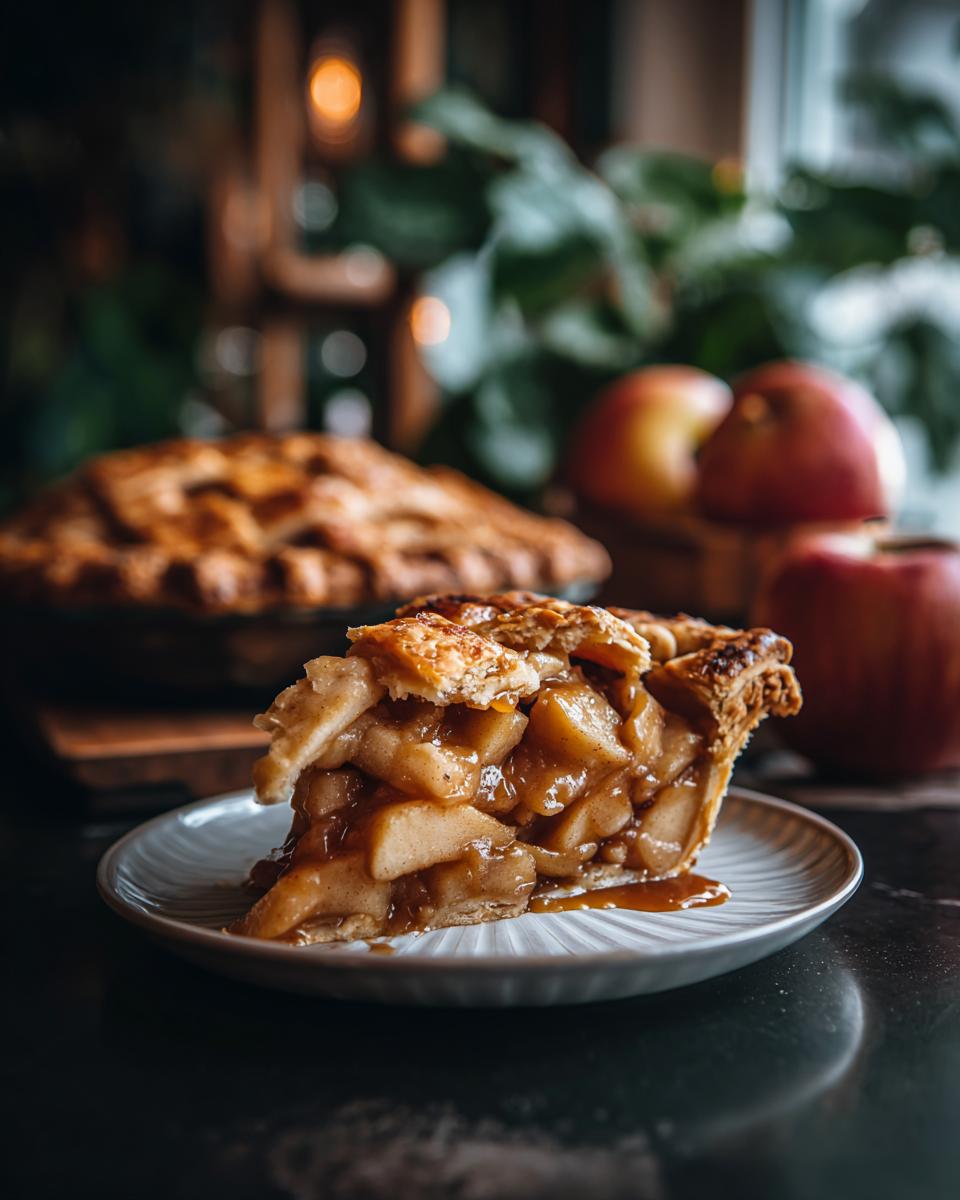 A generous slice of Irresistible Caramel Apple Pie, showcasing gooey caramel-coated apples and a flaky lattice crust.