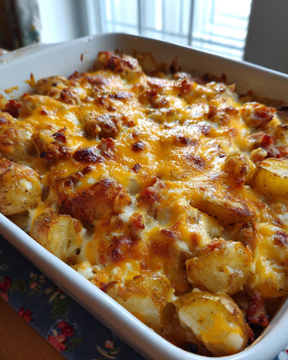 Close-up of a white baking dish filled with Irresistible Cheesy Ranch Potatoes and Smoked Sausage, topped with melted cheddar cheese.