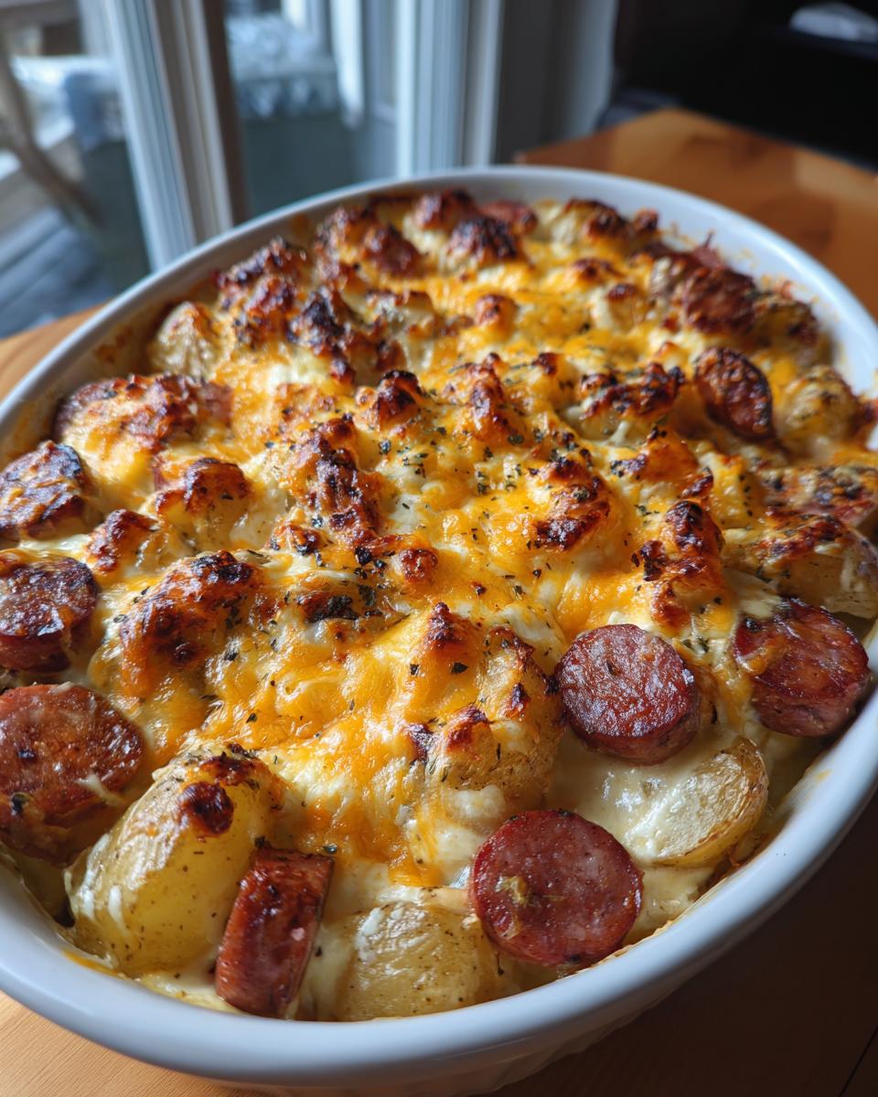 Close-up of Irresistible Cheesy Ranch Potatoes and Smoked Sausage casserole, bubbling with melted cheese and herbs.