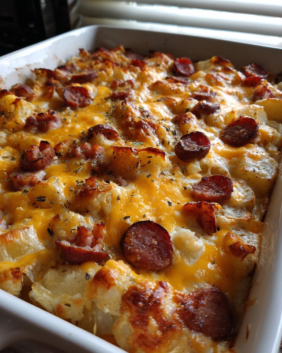 Close-up of Irresistible Cheesy Ranch Potatoes and Smoked Sausage casserole, bubbling with melted cheese and topped with herbs.