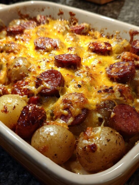 Close-up of Irresistible Cheesy Ranch Potatoes And Smoked Sausage Recipe baked in a casserole dish, bubbling with melted cheese.