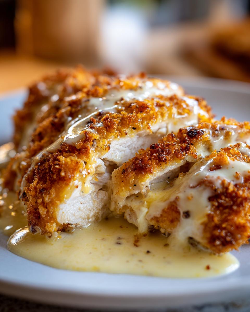 Close-up of Irresistible Copycat Longhorn Parmesan Crusted Chicken, sliced and drizzled with creamy sauce.