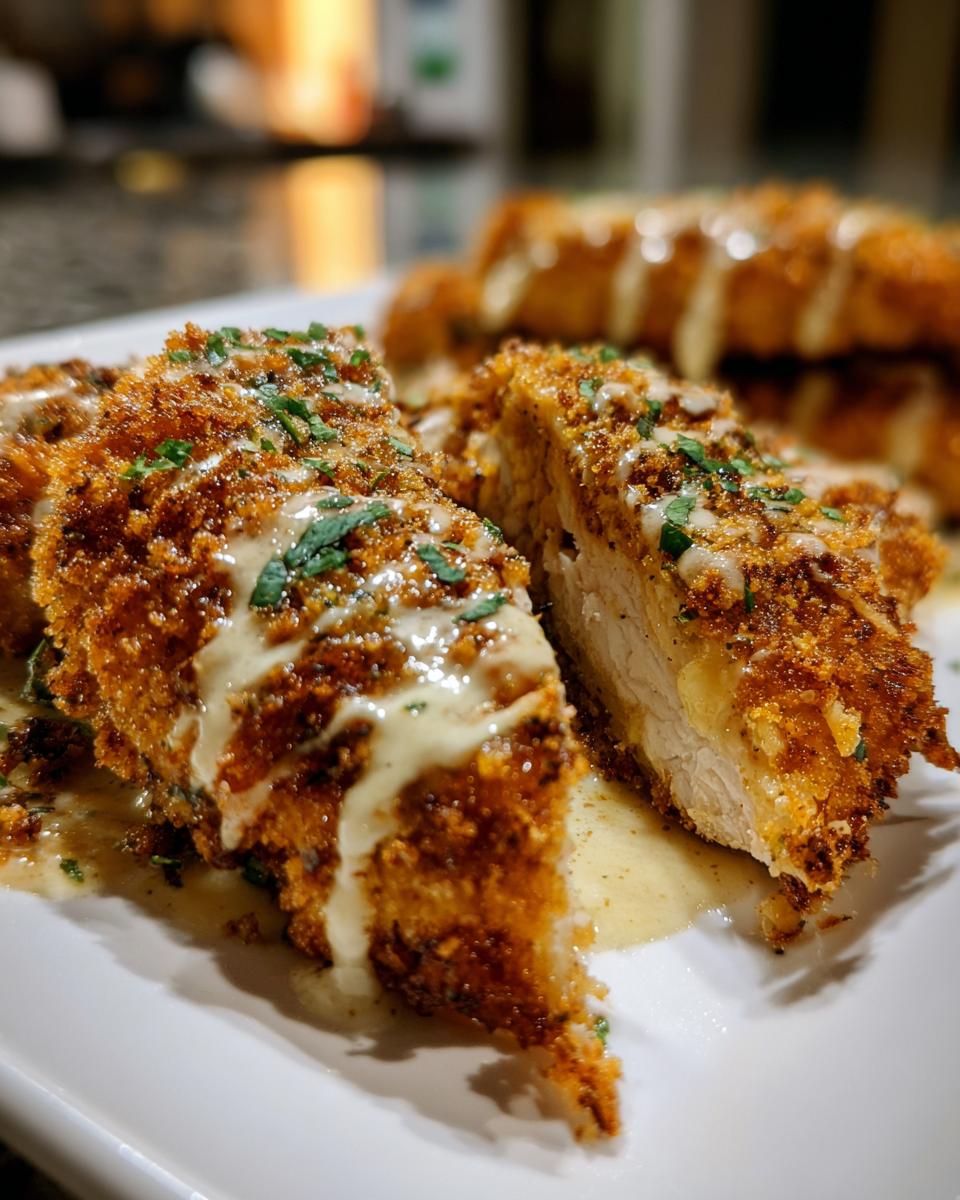Close-up of Irresistible Copycat Longhorn Parmesan Crusted Chicken, cut in half, drizzled with sauce and sprinkled with herbs.