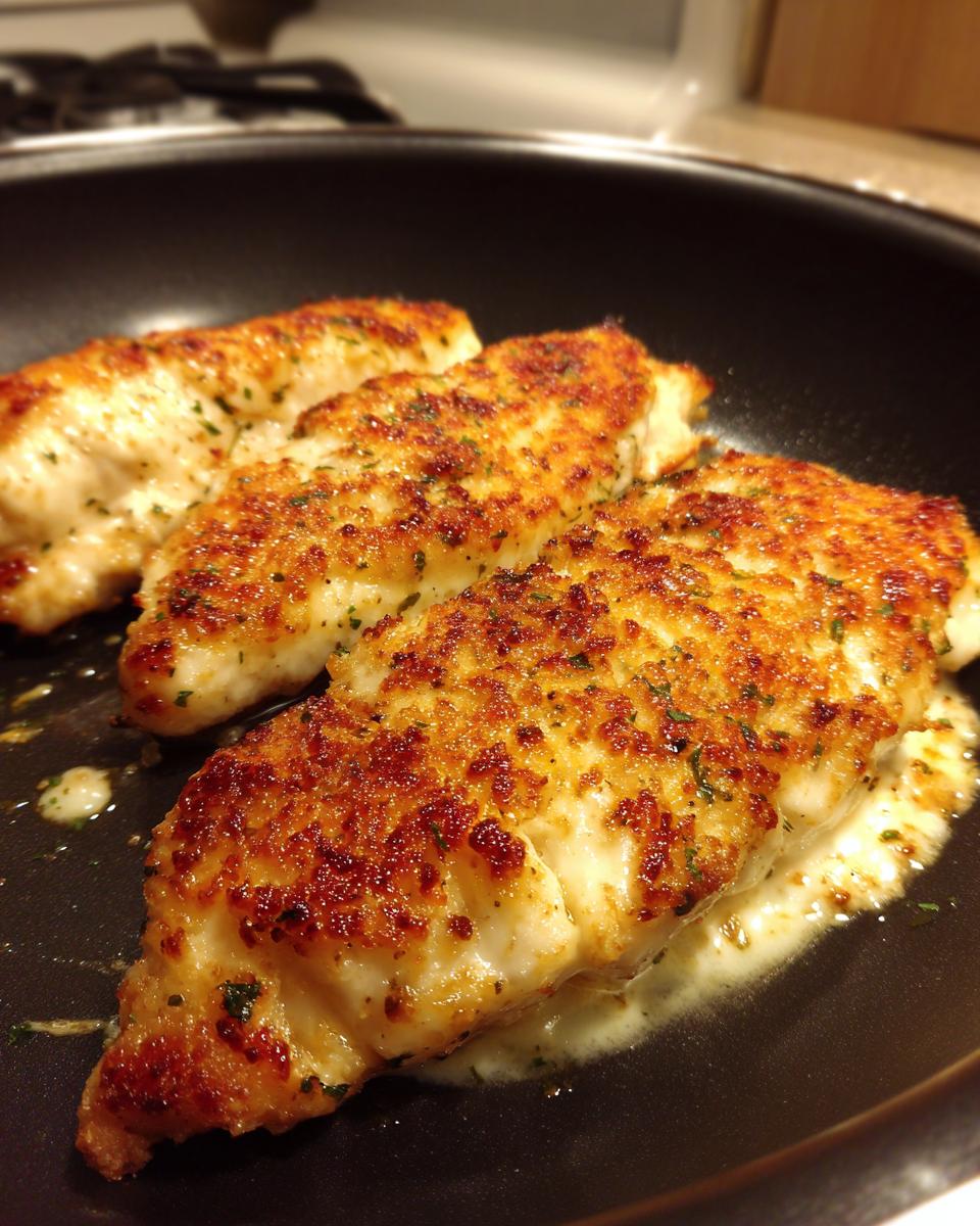Three pieces of Irresistible Copycat Longhorn Parmesan Crusted Chicken sizzling in a pan with butter sauce.