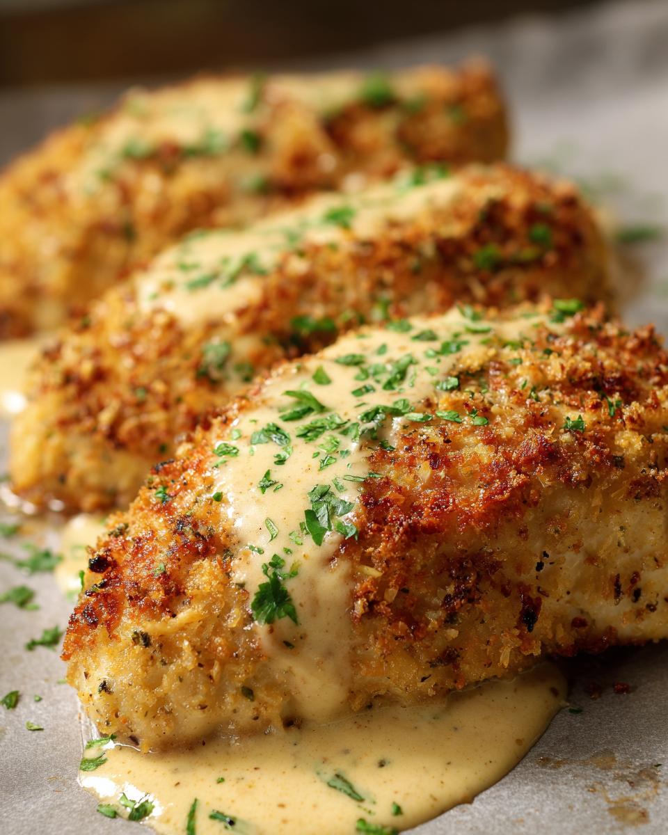 Close-up of three pieces of Irresistible Copycat Longhorn Parmesan Crusted Chicken drizzled with creamy sauce and sprinkled with parsley.