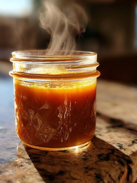 A jar filled with steaming Irresistible Easy Butterscotch Sauce Recipe, glistening in the sunlight.