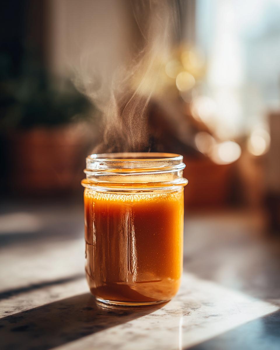 A mason jar filled with steaming Irresistible Easy Butterscotch Sauce, ready to be used.