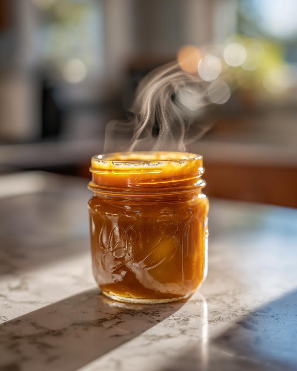 A mason jar filled with steaming, golden Irresistible Easy Butterscotch Sauce Recipe In 15 Minutes.
