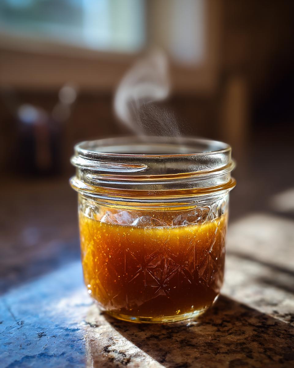 A small glass jar filled with steaming, golden Irresistible Easy Butterscotch Sauce.