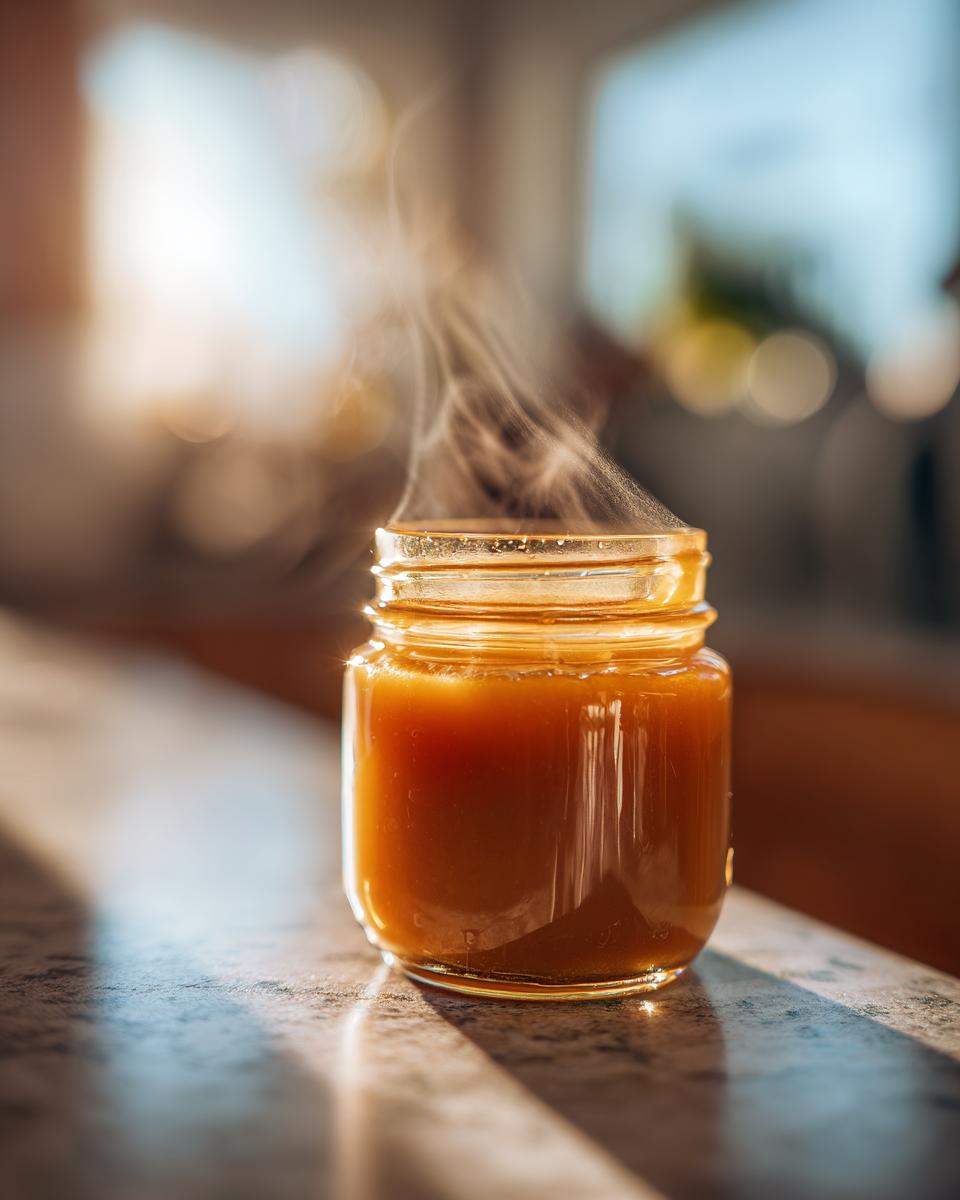 A jar of steaming, homemade butterscotch sauce, ready to be used in the Irresistible Easy Butterscotch Sauce Recipe.
