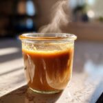 A glass jar filled with steaming Irresistible Easy Butterscotch Sauce, catching the sunlight.