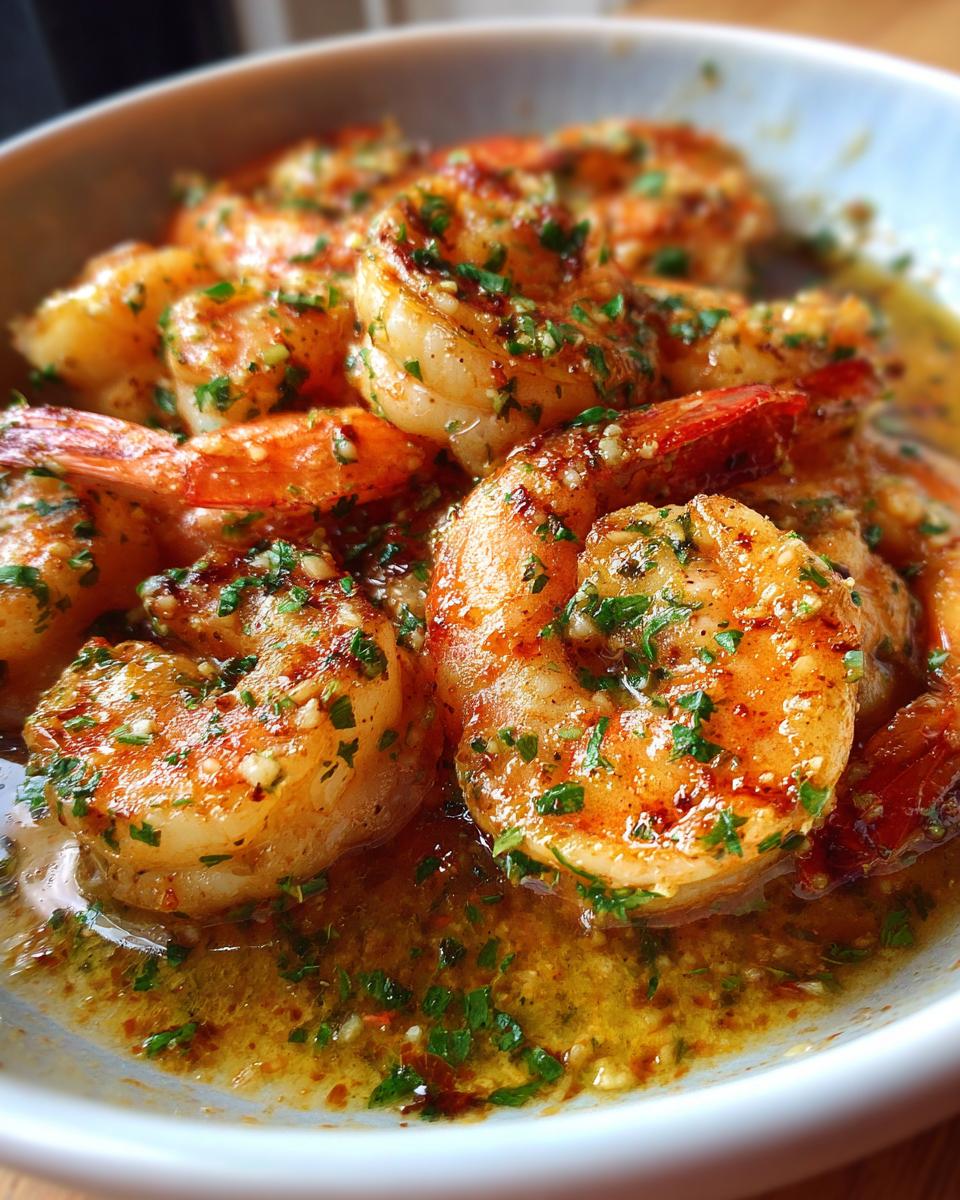 Close-up of Irresistible Garlic Butter Shrimp, glistening in a rich sauce with chopped parsley.