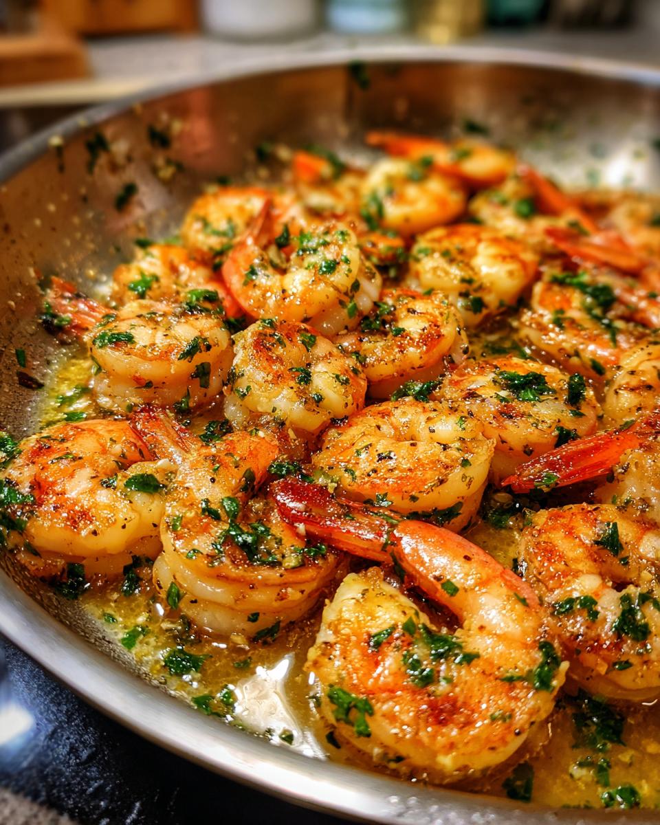 Close-up of Irresistible Garlic Butter Shrimp cooked in a skillet with parsley.