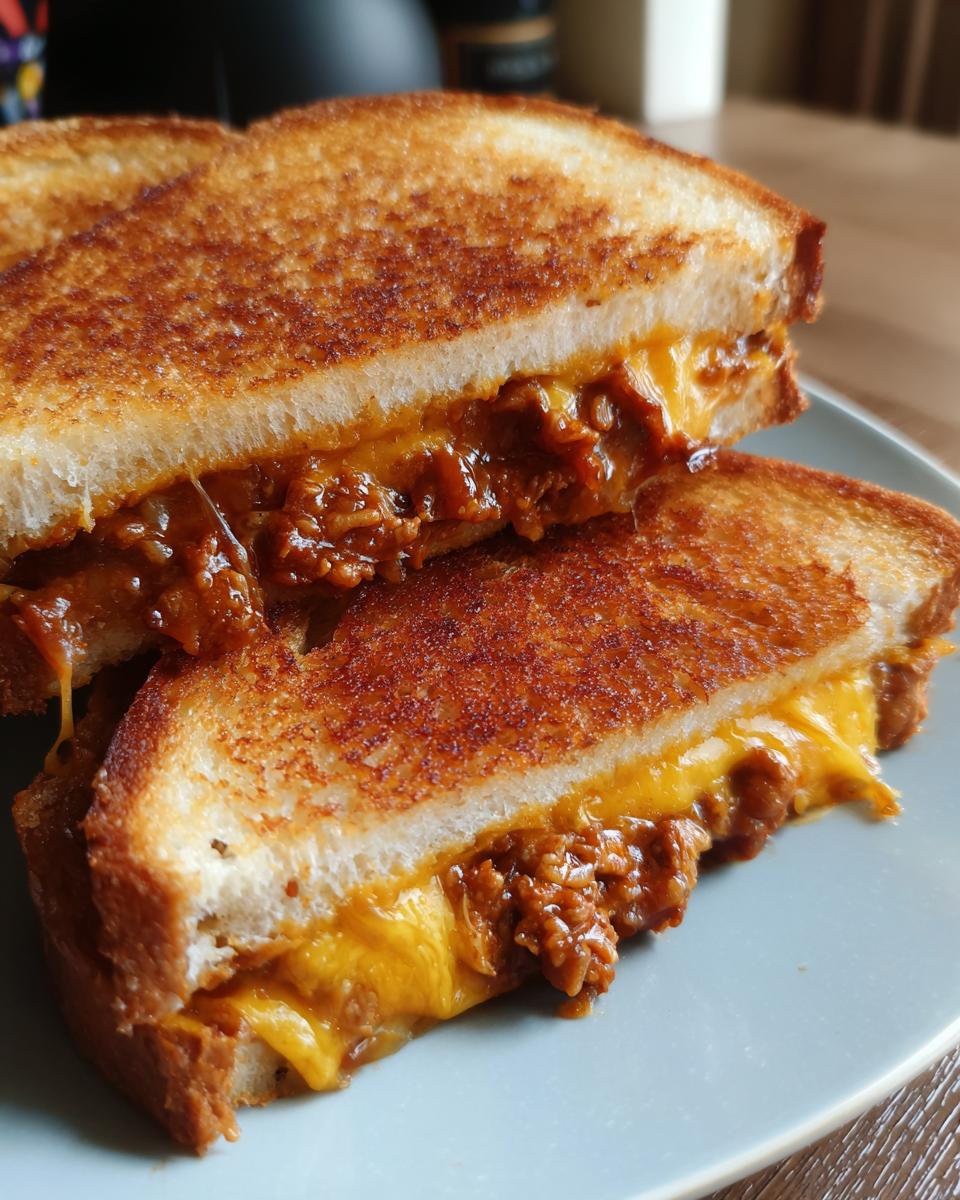 Close-up of two halves of an Irresistible Grilled Cheese Sloppy Joes sandwich, showing melted cheese and savory filling.