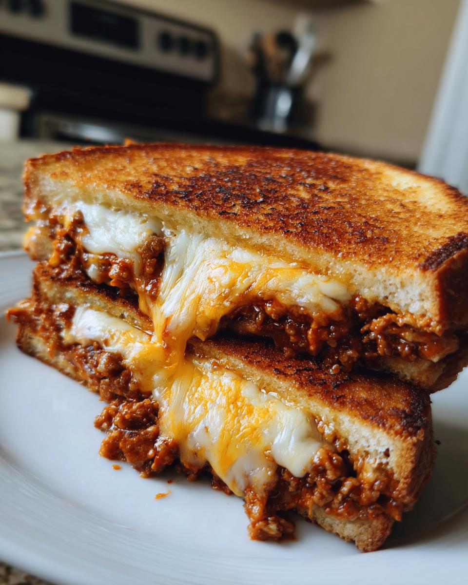 Close-up of a gooey Irresistible Grilled Cheese Sloppy Joes sandwich with melted cheese oozing out.