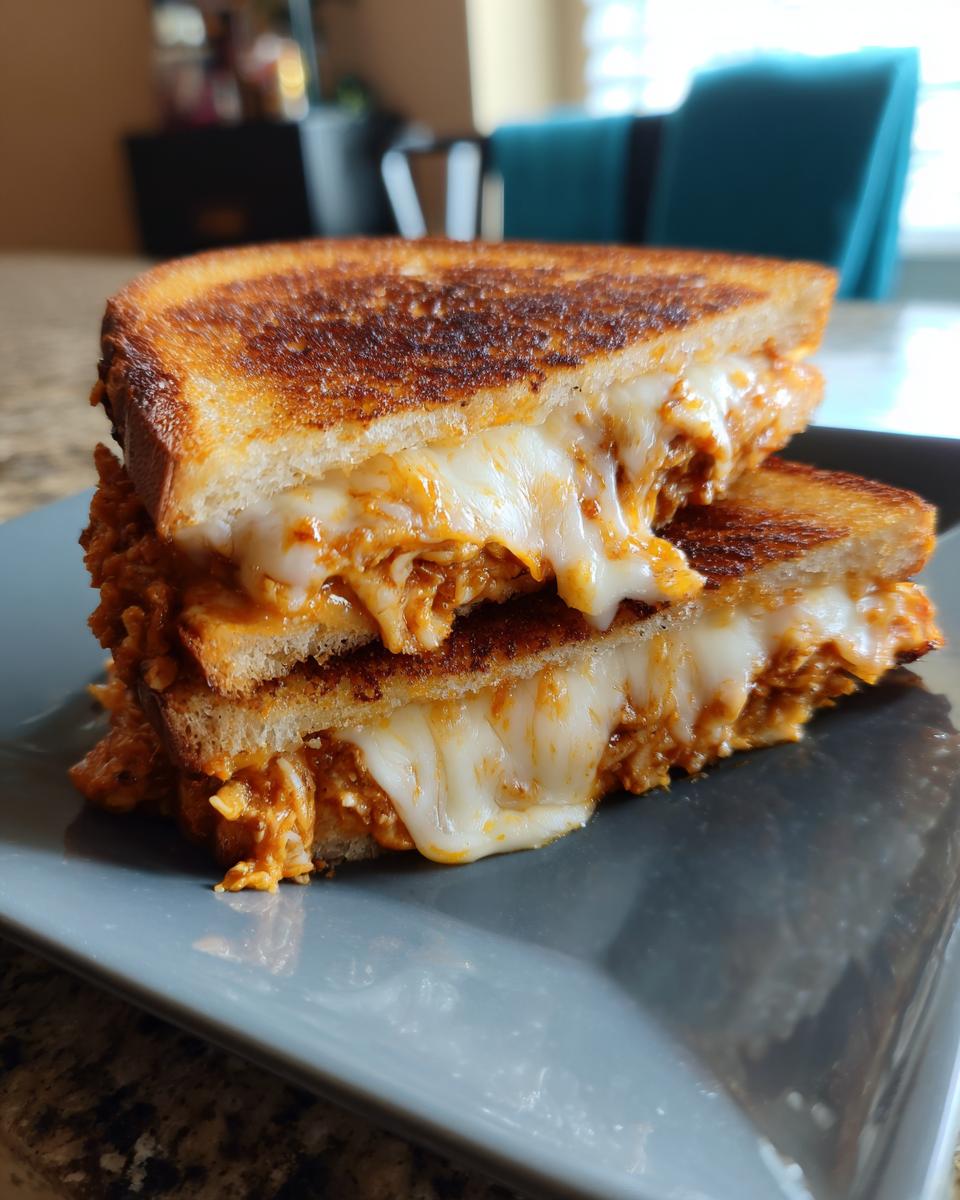 A close-up of an Irresistible Grilled Cheese Sloppy Joes sandwich with melted cheese oozing out.