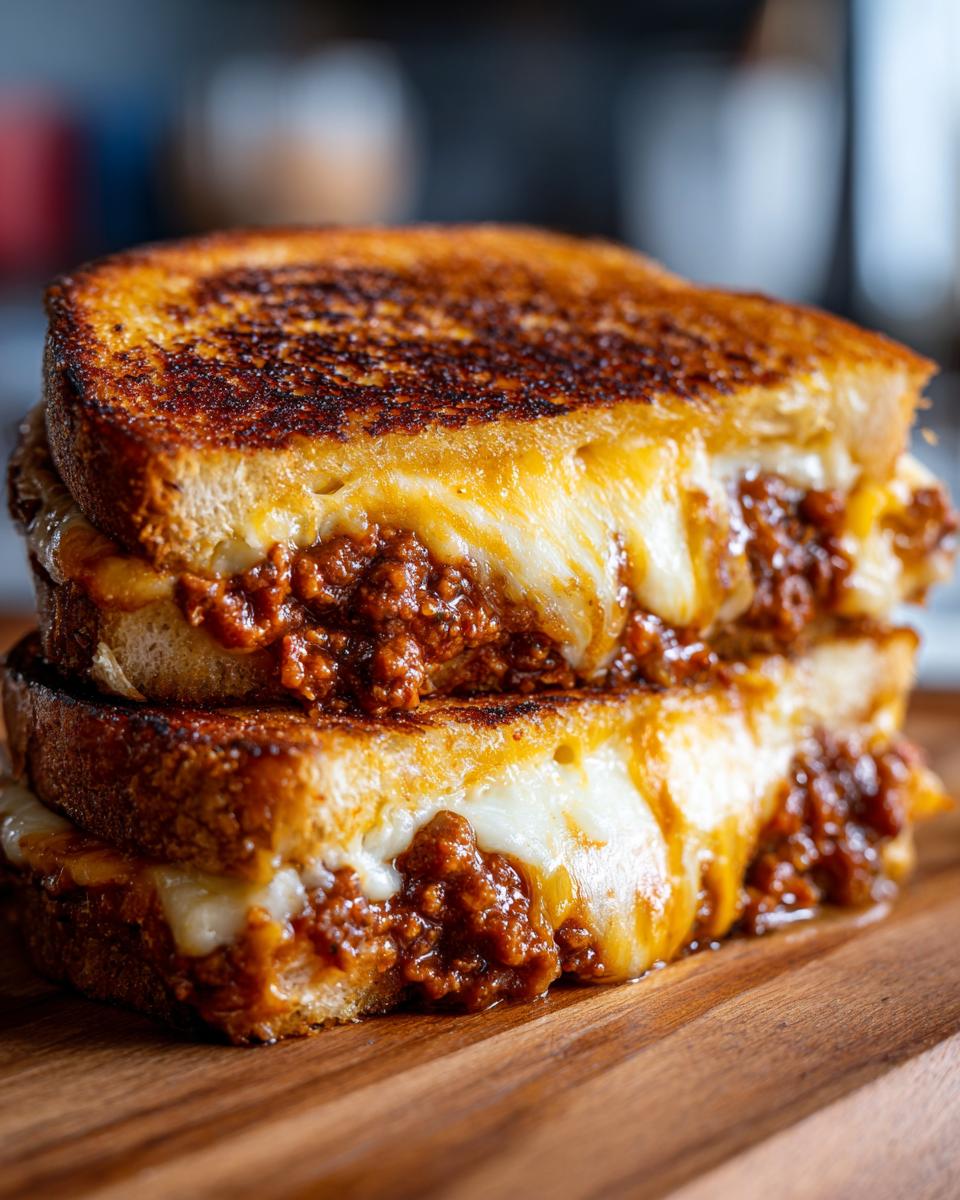 A close-up of two halves of an Irresistible Grilled Cheese Sloppy Joes sandwich, with melted cheese oozing out.