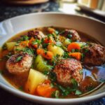 A close-up of a bowl of Irresistible Italian Meatball Soup, featuring hearty meatballs, carrots, potatoes, and celery, garnished with parsley.