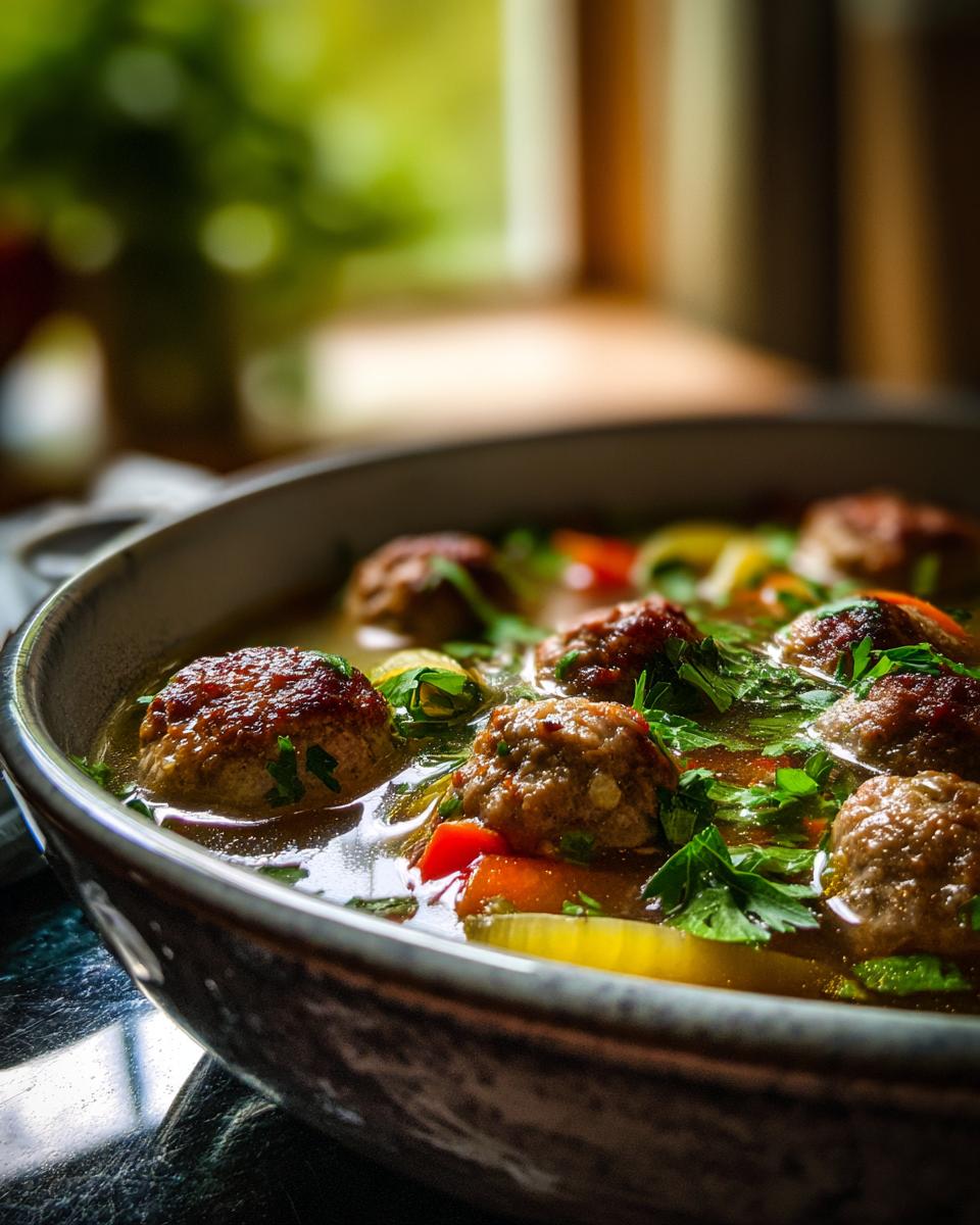 Close-up of a bowl of Irresistible Italian Meatball Soup, featuring tender meatballs and fresh vegetables in broth.