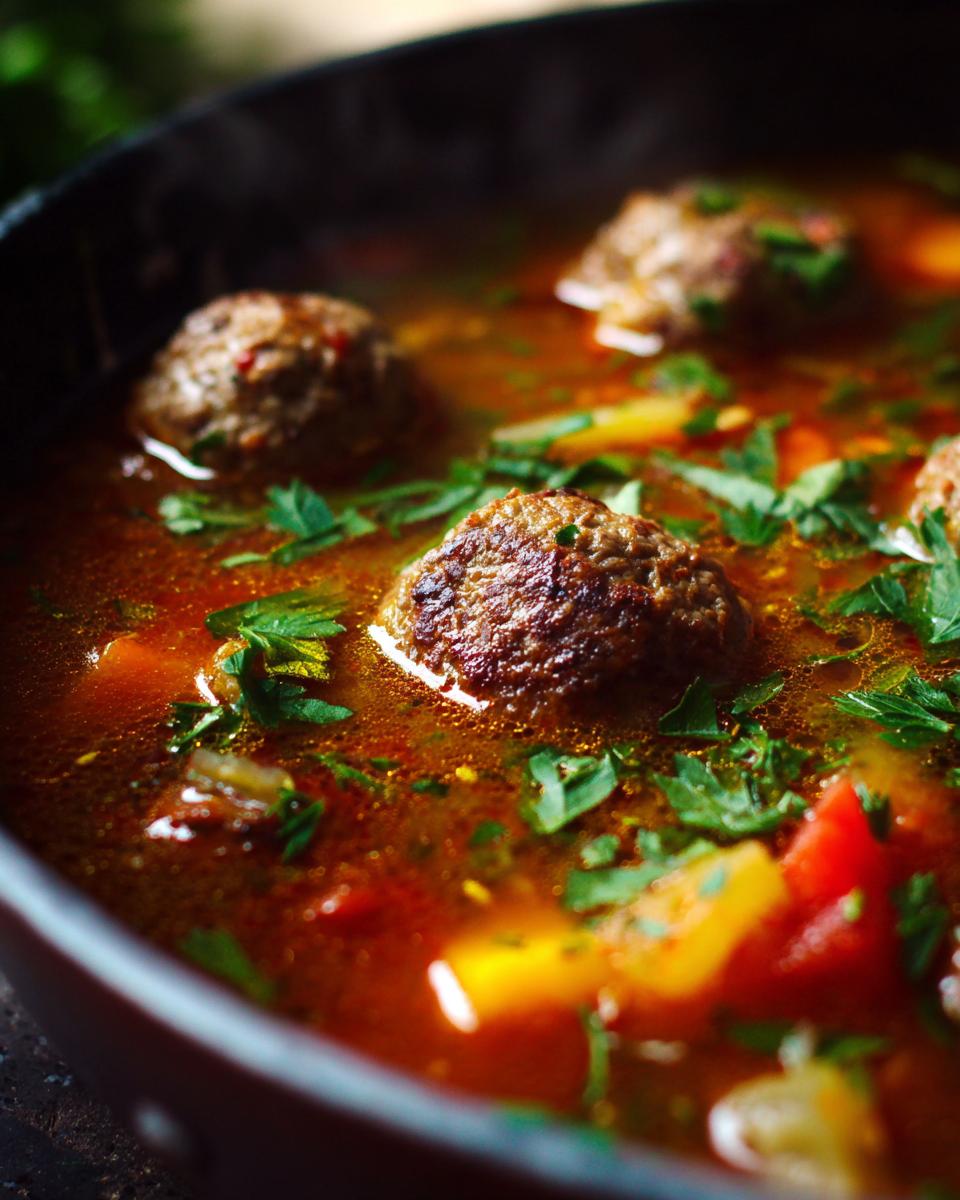 A steaming bowl of Irresistible Italian Meatball Soup, featuring tender meatballs and vibrant vegetables in a rich broth.