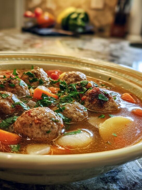 A close-up of a bowl filled with Irresistible Italian Meatball Soup, featuring meatballs, carrots, potatoes, and herbs.
