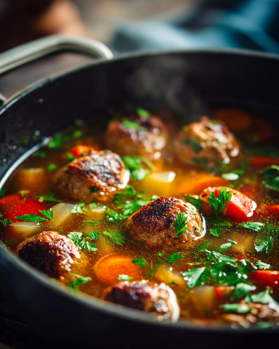 Close-up of a steaming pot of Irresistible Italian Meatball Soup, featuring tender meatballs, vegetables, and fresh parsley.