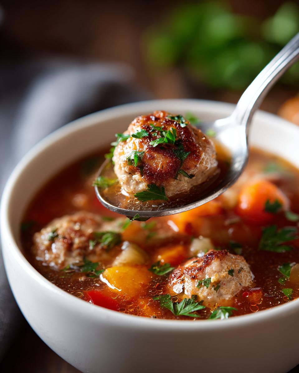 A spoonful of Irresistible Italian Meatball Soup, showing a juicy meatball and vegetables in a rich broth, garnished with parsley.