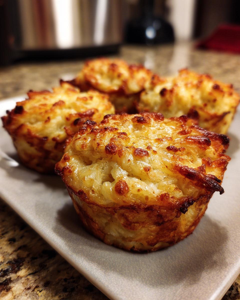 A plate of golden-brown, baked Irresistible Mashed Potato Cups, showcasing their crispy edges and fluffy interior.