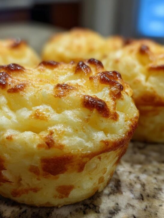 Close-up of golden-brown, baked Irresistible Mashed Potato Cups on a speckled countertop.