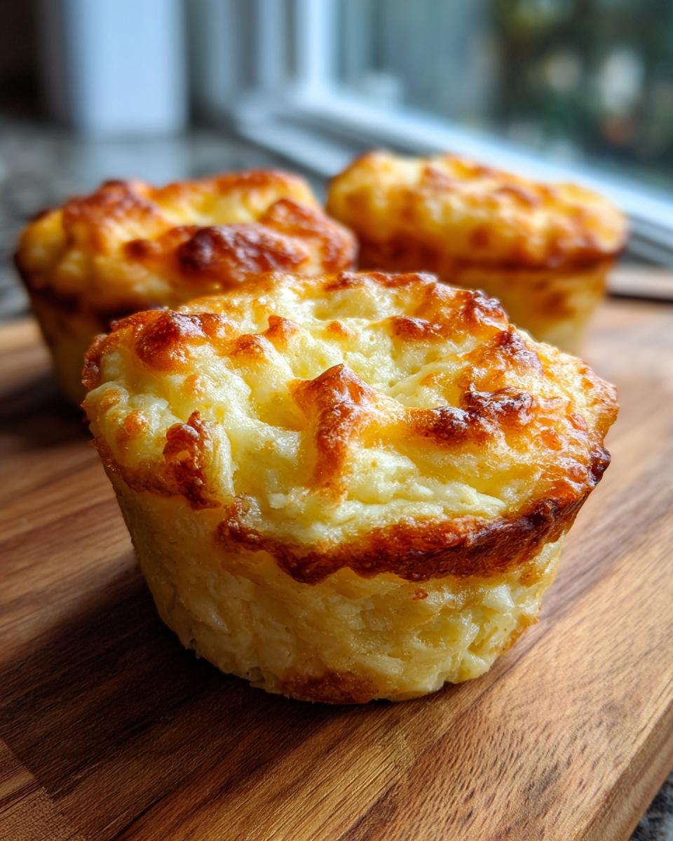 Three golden-brown, baked Irresistible Mashed Potato Cups on a wooden board, with a slightly blurred background.