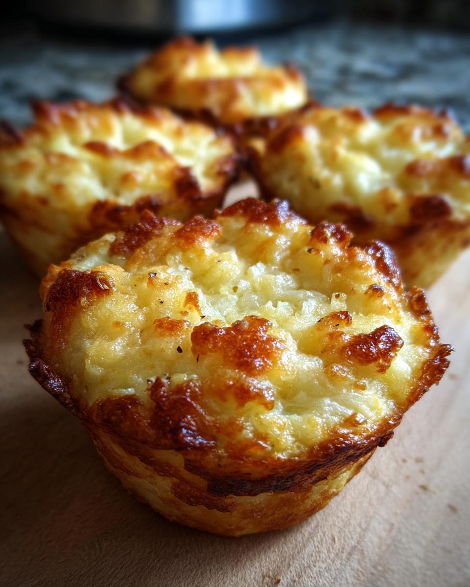 Close-up of golden-brown Irresistible Mashed Potato Cups, baked to perfection.
